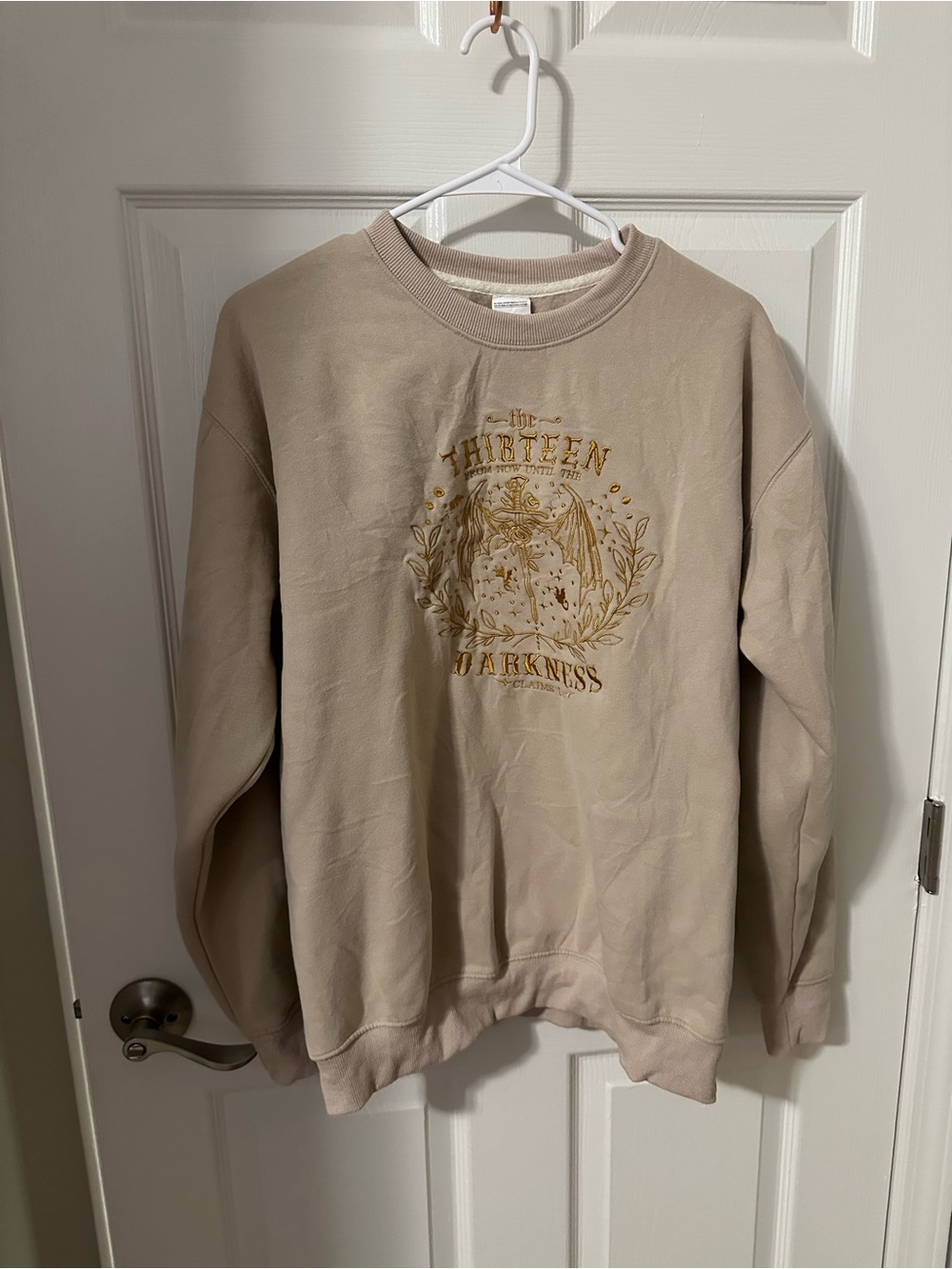 Beige Graphic Crewneck Sweatshirt with Gold “The Thirteen” Embroidery